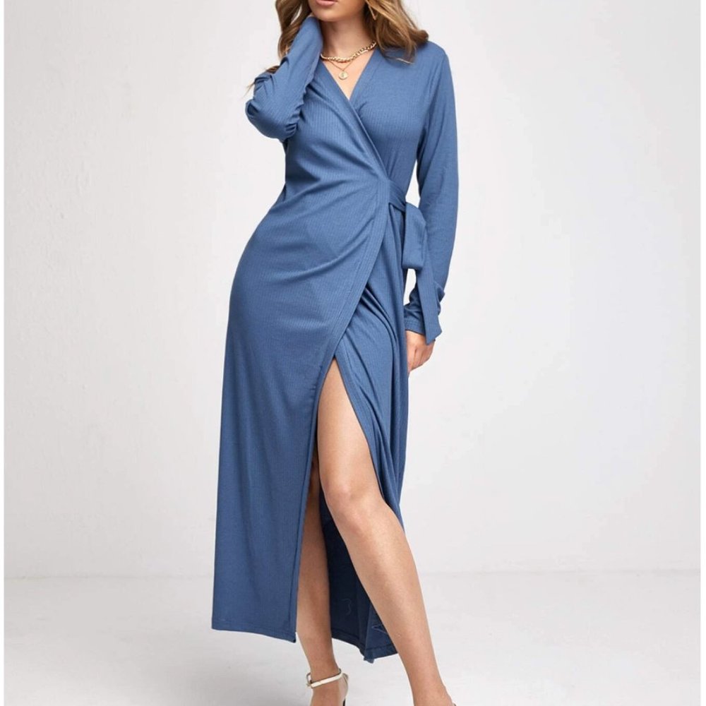 Ribbed Knit Wrap Knot Side Dress - Picture 4 of 9